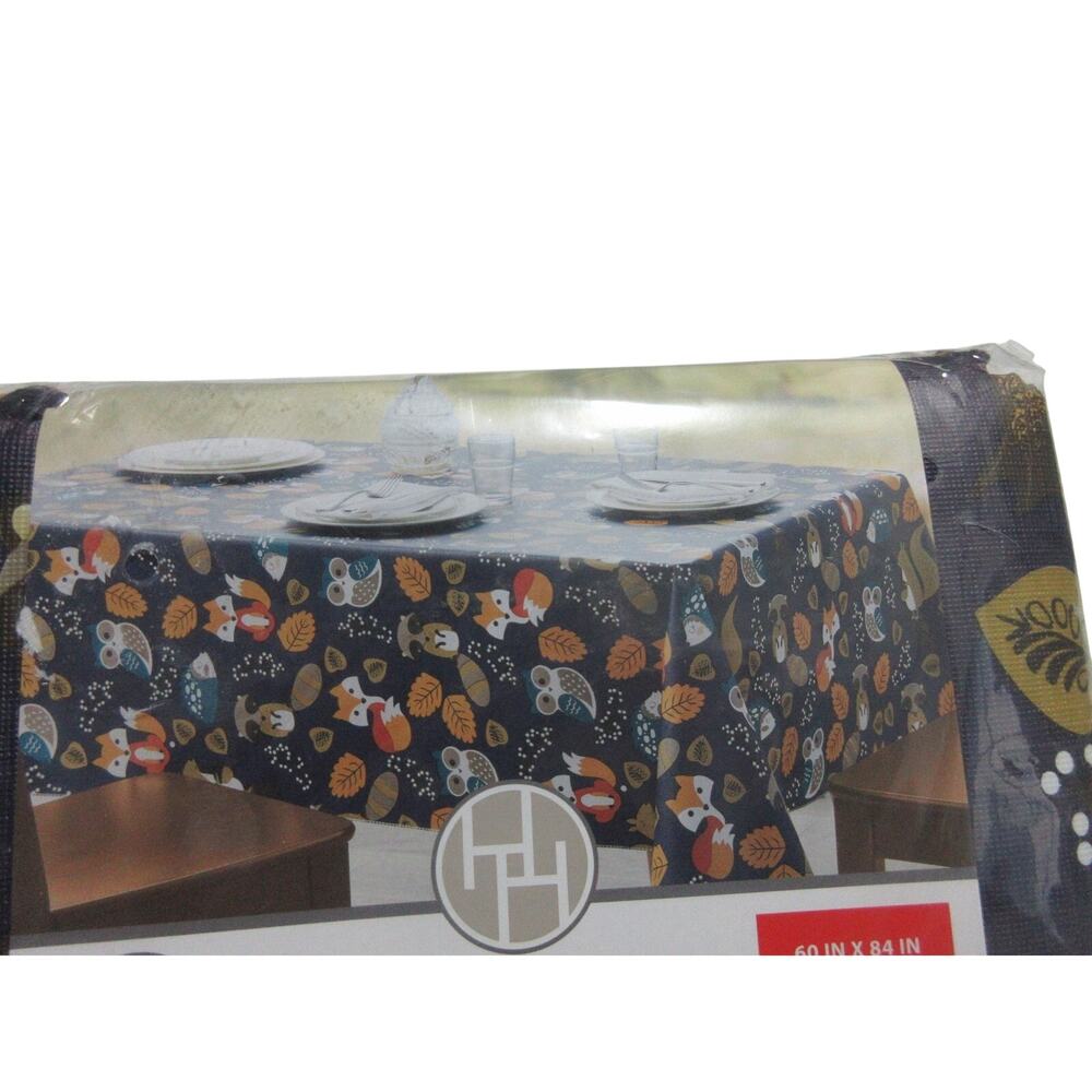 Navy Woodland Creature Owl Fox Vinyl Tablecloth by Huntington Home - 60”x84” NEW